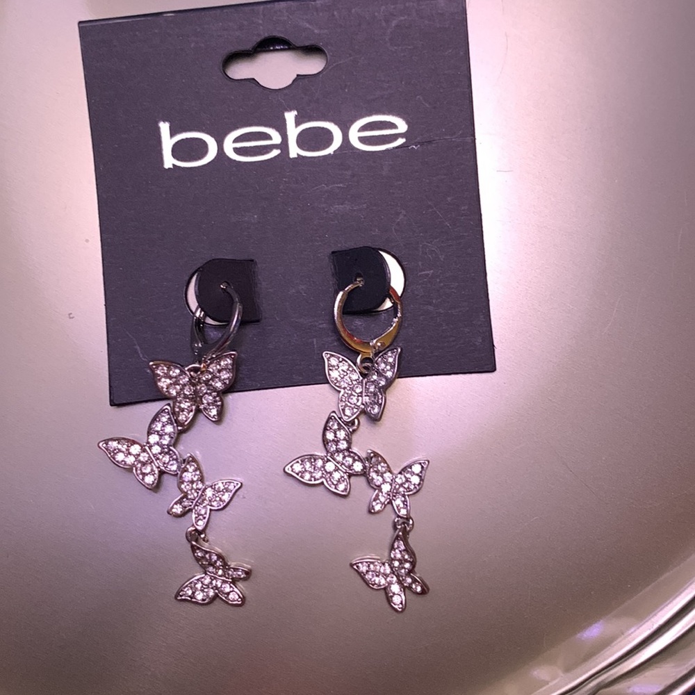 Earrings butterfly tassel silver tone